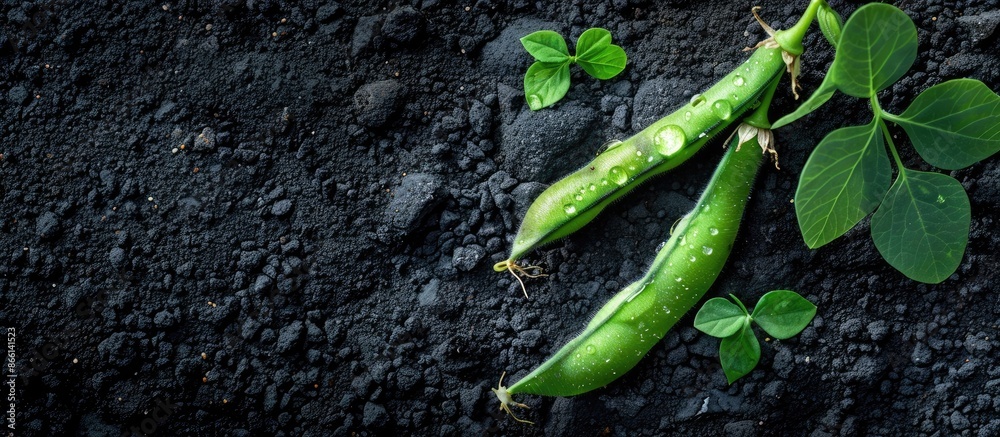 Aufkleber lush green haricot bean plant with dew on black soil in spring. ideal for home-grown veggies. top vi