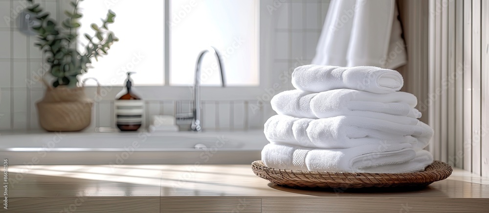 Aufkleber a white table in a bathroom background with a copy space image featuring white towels.