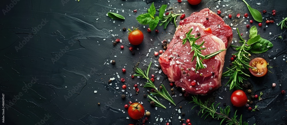 Poster preparing a savory steak with fresh beef adorned with spices and herbs for grilling, shown in a copy