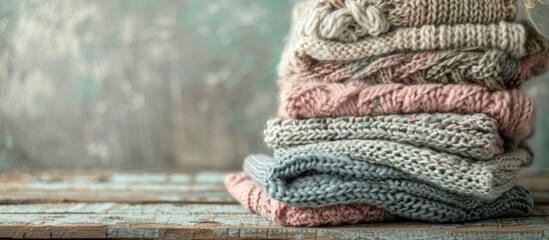 Stack of cozy, pastel-colored knitted sweaters with varied patterns on wooden table against textured wall. Fall/winter knitwear. Close-up view, copy space image.