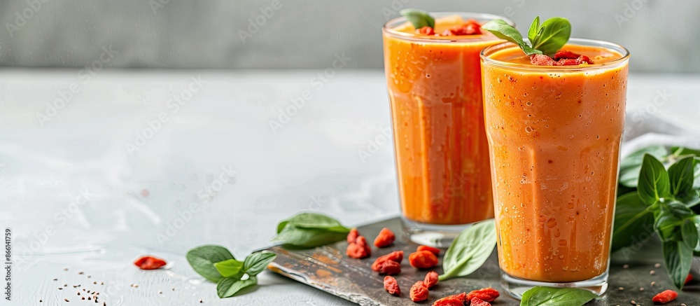 Aufkleber Glasses on the table showcase a refreshing smoothie garnished with vibrant goji berries against a blank backdrop for a copy space image.