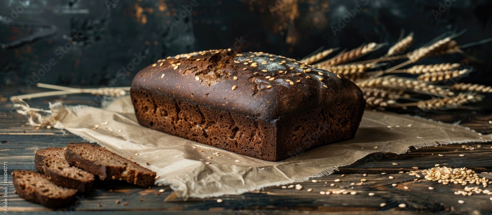 Poster horizontal image of a rustic homemade buckwheat bread on kraft paper against a dark old wooden backd
