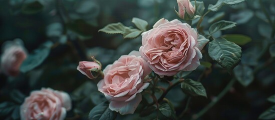 Copy space image of pale pink roses in the garden with a painterly close-up against a dark green backdrop, evoking a serene ambiance.