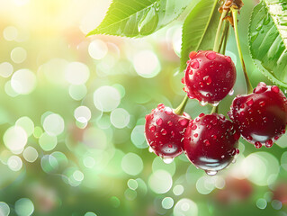 Ripe juicy cherries in droplets of water with green leaves. Neural network AI generated art