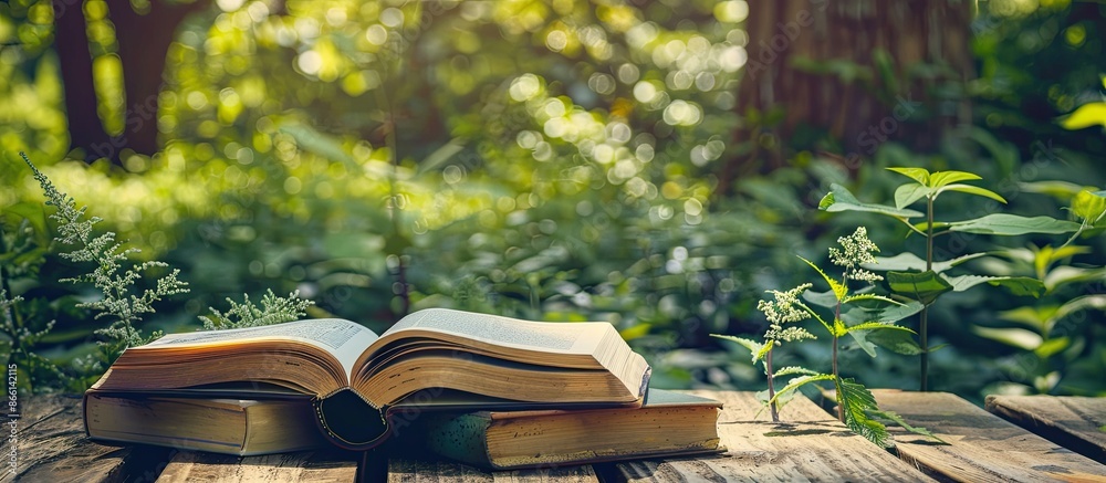Aufkleber educational theme with vintage books on wooden table against green nature backdrop, featuring an ope