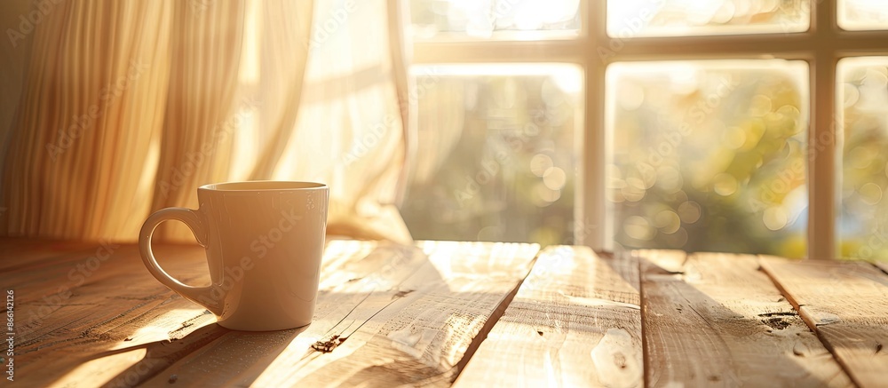 Poster morning sunlight illuminates a white mug of hot coffee on a wooden table with a curtain in the backg