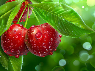 Ripe juicy cherries in droplets of water with green leaves. Neural network AI generated art