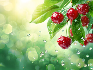 Ripe juicy cherries in droplets of water with green leaves. Neural network AI generated art
