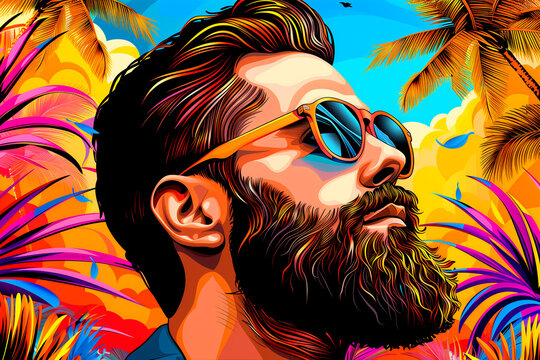A man with a beard and sunglasses is wearing a colorful shirt