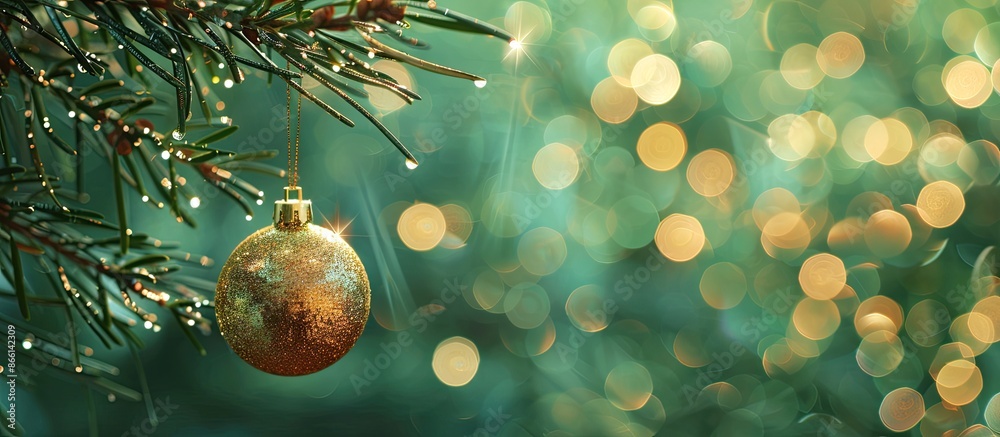Aufkleber copy space image showing a glistening golden christmas ball hanging from an artificial fir branch ag