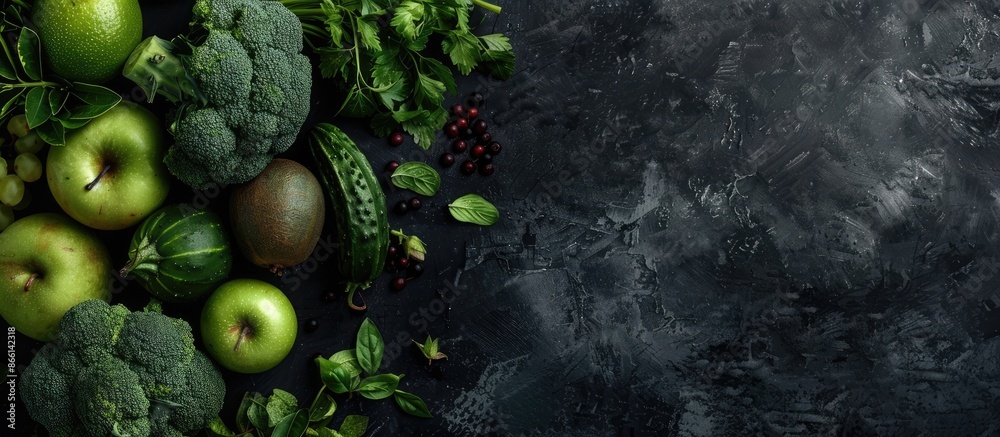 Poster top view of a variety of fresh green produce and fruits on a black backdrop, featuring copy space im