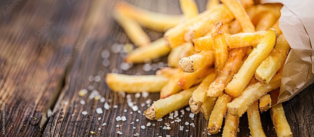 Poster Potato ready to fry is on a table with french fries as a background in the copy space image.