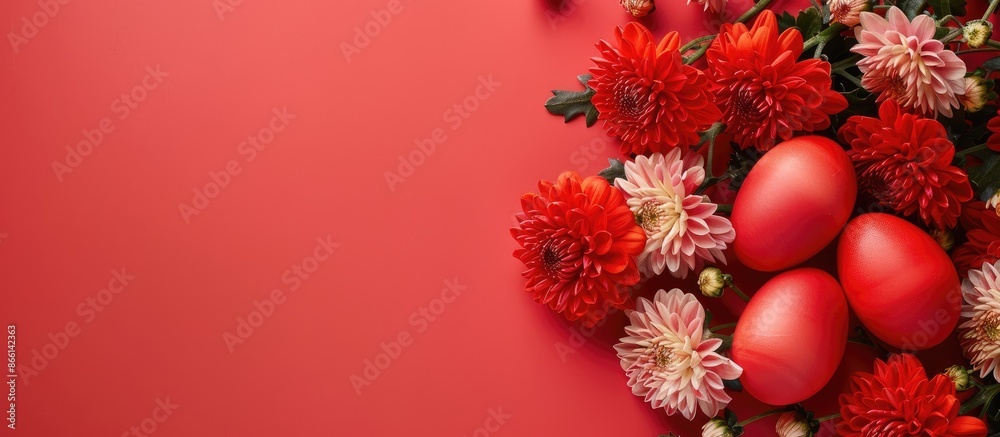 Aufkleber Top-down view of red Easter eggs and chrysanthemum flowers with copy space image.