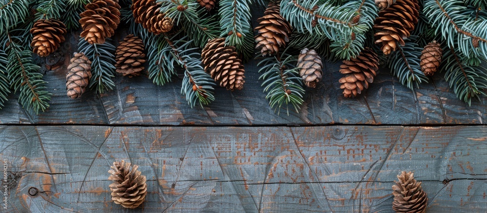 Poster a festive display for christmas and new year, featuring pine cones and spruce branches on a wooden b