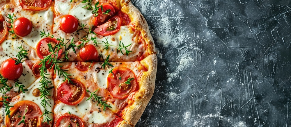 Aufkleber top view of a mouthwatering organic tomato, fresh thyme, and mozzarella pizza on a grey backdrop wit