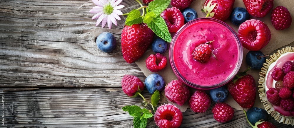 Aufkleber top view of a wooden table with a raspberry smoothie, cake, and berries, providing copy space in the