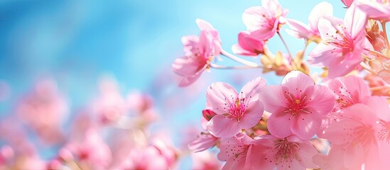 Obraz premium Selective focus on pink cherry blossoms against a blue sky in a copy space image.
