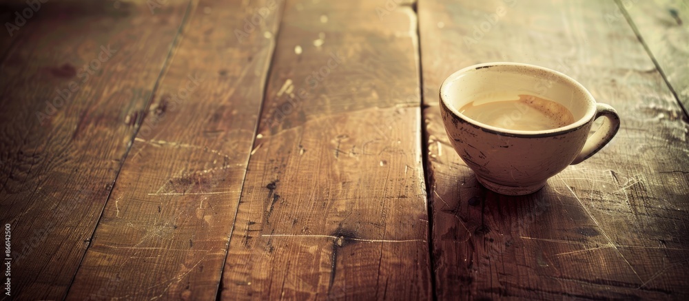 Poster An image with a vintage tone showing an empty coffee cup on a wooden table, with an unobstructed area for text or graphics. copy space available