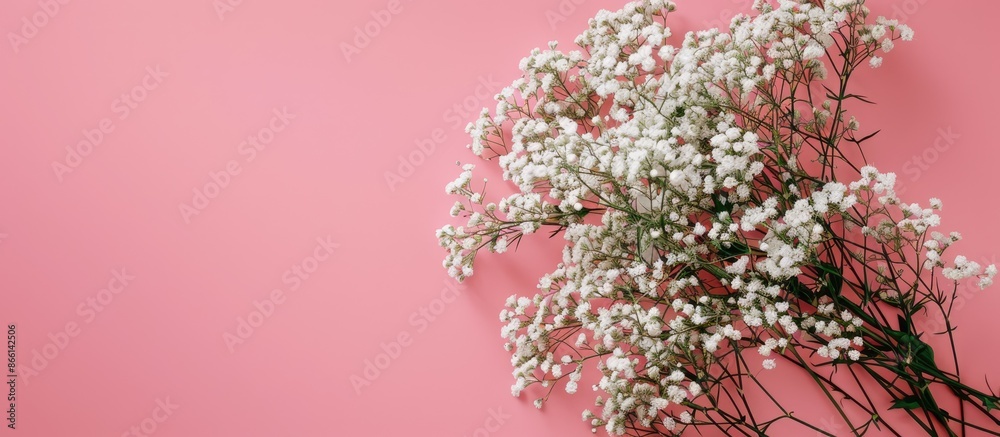 Poster top-down view of a white flower bouquet against a pink backdrop with space for text or images, conve