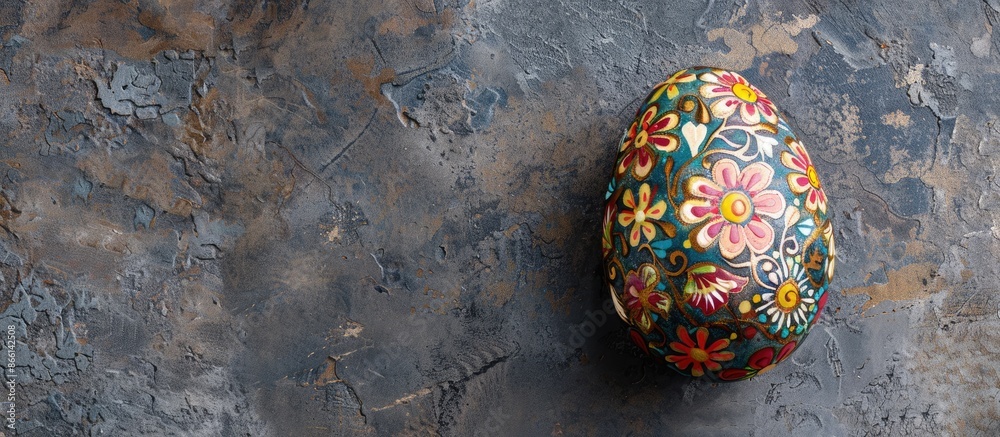 Wall mural Easter egg-shaped handmade magnet on dark gray concrete with Ukrainian symbols for a holiday card with available copy space image.