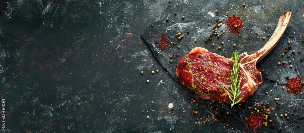 Poster Tomahawk beef steak with spices on a stone background, allowing room for text in the image. copy space available