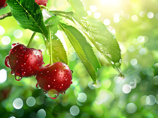 Ripe juicy cherries in droplets of water with green leaves. Neural network AI generated art
