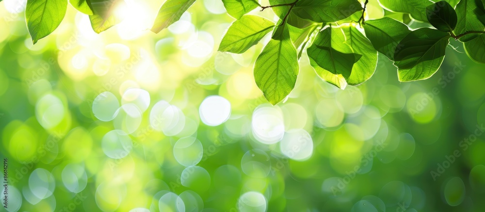 Leinwandbilder Fresh green leaves in close-up on a blurred bokeh background in the park, offering ample copy space for an image.