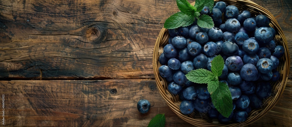 Poster a flat lay photo showing ripe blueberries in a wicker bowl on a rustic wooden table, illustrating a 