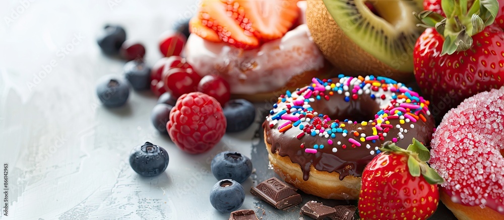 Poster display of colorful fruit and decadent chocolate donuts with copy space image.