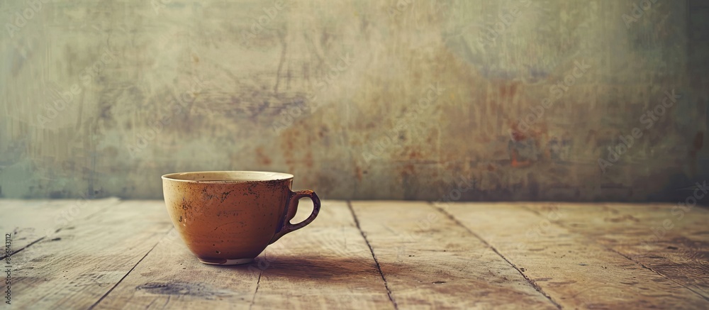 Poster An image with a vintage tone showing an empty coffee cup on a wooden table, with an unobstructed area for text or graphics. copy space available