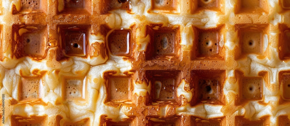 Poster A waffle is created by cooking leavened batter or dough in a patterned press to form its distinctive shape and texture, ideal for a copy space image.