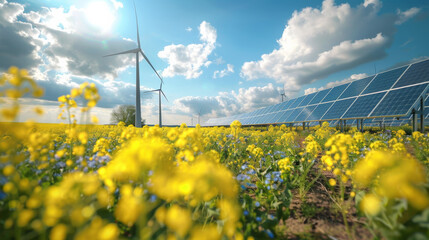 Rapeseed flower field, wind turbine and solar panels