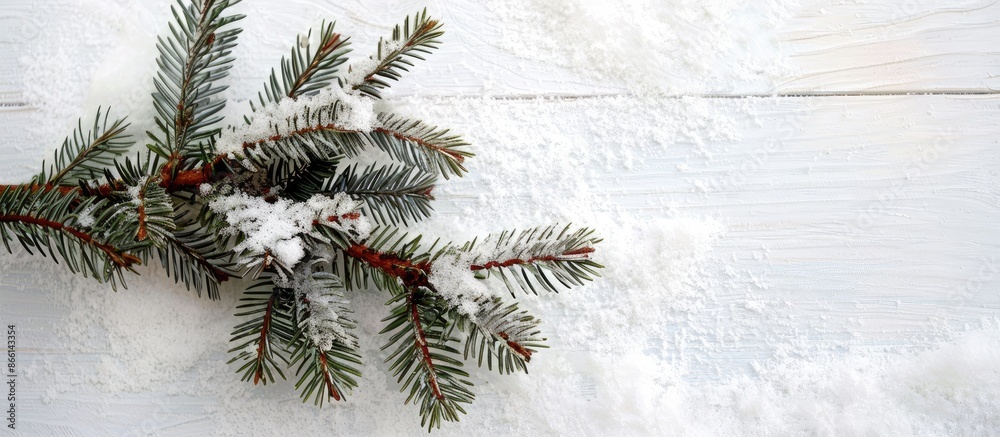 Poster Side view of a fluffy spruce Christmas branch on a light white wooden backdrop with ample copy space image for a festive postcard or gift bag.