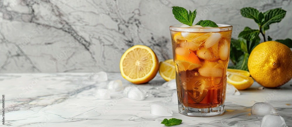Poster marble table with a glass of iced tea garnished with mint and lemon, representing a refreshing cold 