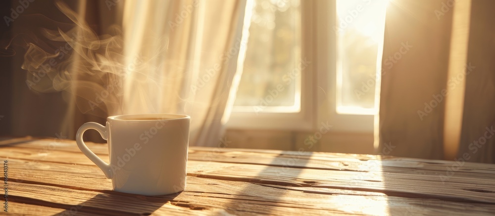 Poster morning sunlight illuminates a white mug of hot coffee on a wooden table with a curtain in the backg