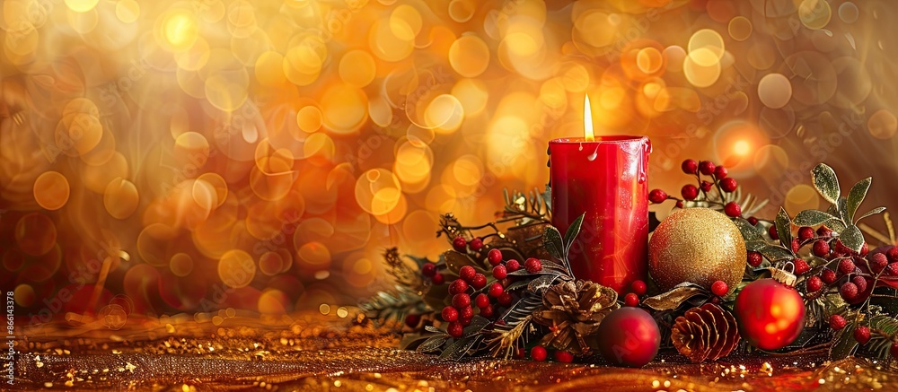 Canvas Prints Festive Christmas arrangement featuring a glowing red candle, a wreath, orange and red ornaments on a shiny gold background, ideal for a copy space image.