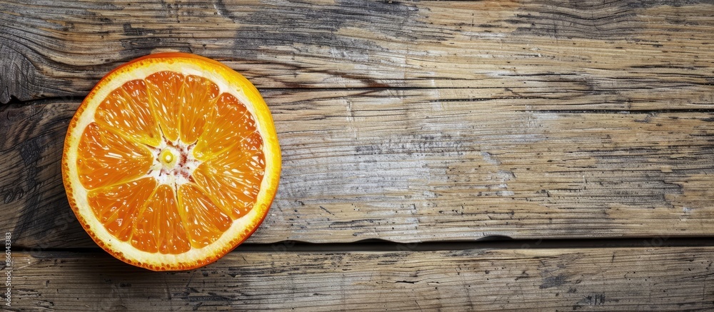 Poster split orange on a wooden surface with copy space image.