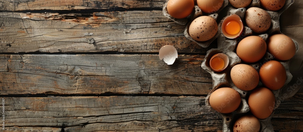 Poster a bird's-eye view of chicken eggs placed on a rustic wooden kitchen table with ample copy space imag
