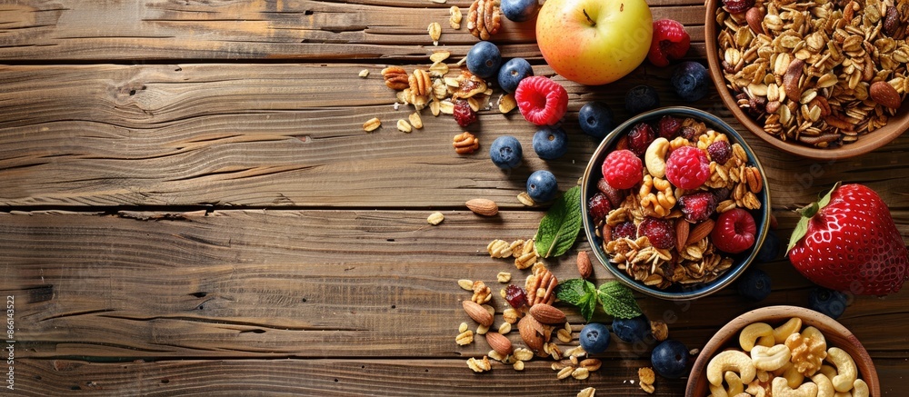 Poster Granola with nuts and fruits displayed on wooden table from above, with ample copy space image.