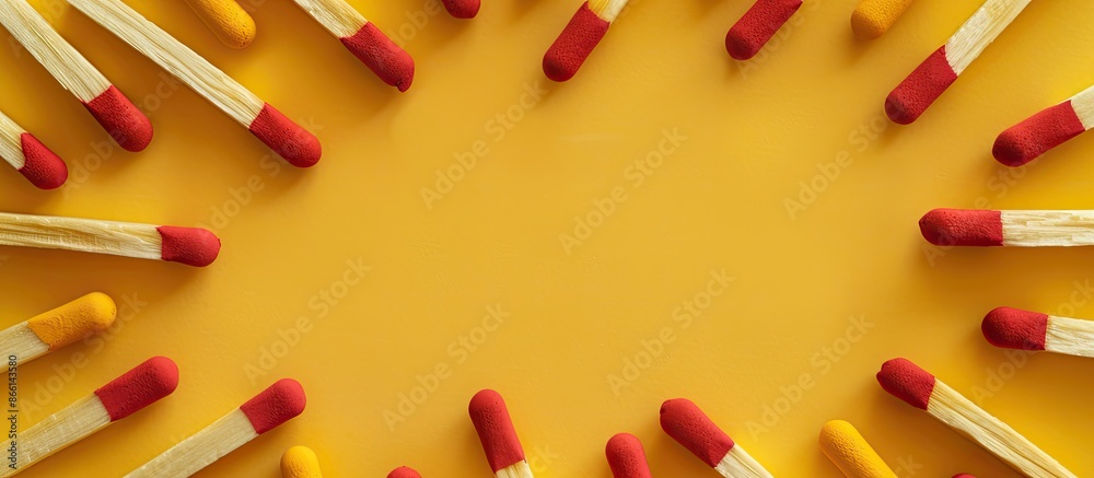 Poster New matchsticks arranged to form a frame on a yellow background, providing space for image insertion. copy space available