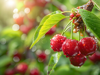 Ripe juicy cherries in droplets of water with green leaves. Neural network AI generated art