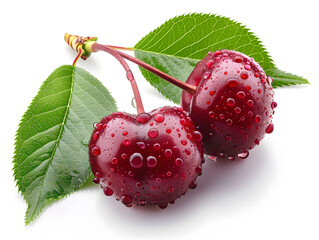 Ripe juicy cherries in droplets of water with green leaves. Neural network AI generated art