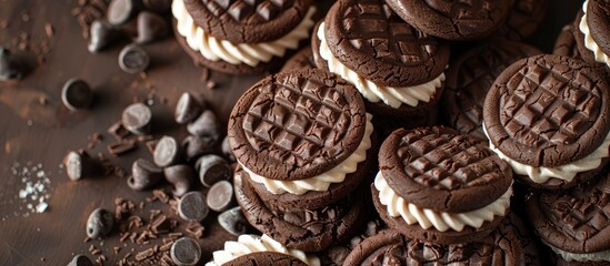 A detailed shot of chocolate cookies filled with cream against a background suitable for adding text or other elements. copy space available