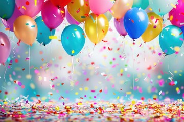Brightly colored balloons and confetti falling against a festive backdrop. Ideal for childrens birthday party decorations. Generative AI