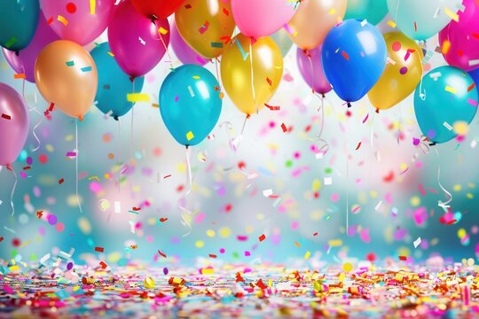 Brightly colored balloons and confetti falling against a festive backdrop. Ideal for childrens birthday party decorations. Generative AI