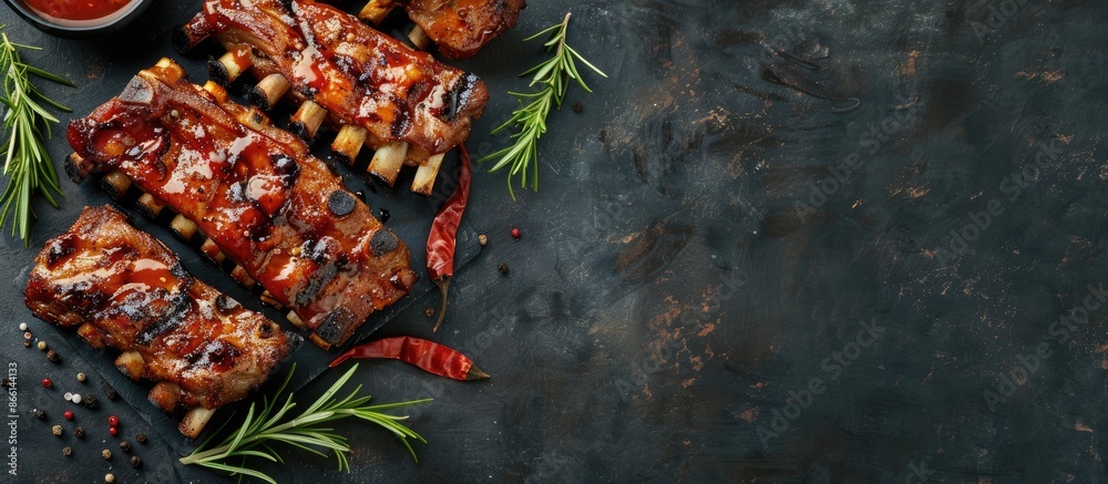 Poster a food concept featuring succulent grilled pork ribs basted in a smoky sauce, adorned with aromatic 