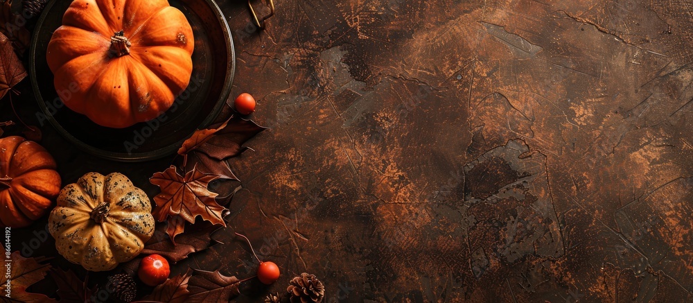 Poster thanksgiving-themed setup with pumpkins, leaves, and decor on a textured table in a top-down view, o
