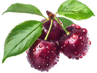 Ripe juicy cherries in droplets of water with green leaves. Neural network AI generated art