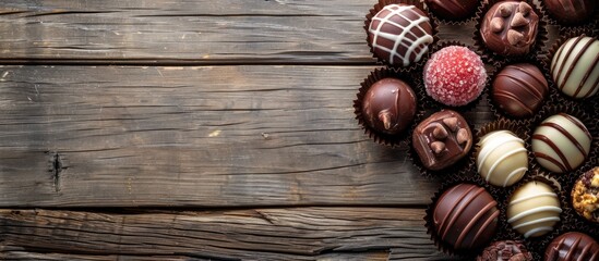 Naklejka premium Chocolate candies displayed on a rustic wooden surface with copy space image.