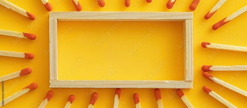 Aufkleber New matchsticks arranged to form a frame on a yellow background, providing space for image insertion. copy space available